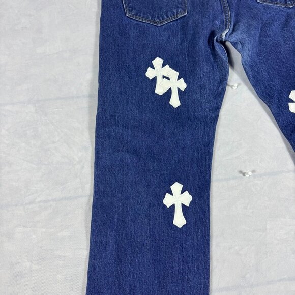 Levi's Mens Straight Leg Jeans Blue Denim Custom White Cross Patches Size 34x30 - Picture 5 of 16